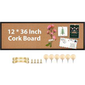 TORASO Cork Board Bulletin Board, Corkboard for Walls with Black Frame, Large Wall Mounted Cork Board with Installation Kit,11.8" x 35.4" Pin Tackboard for Home,Office, School (RMB-BK-3090)