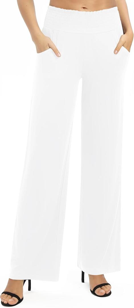 Women's Loose Straight Leg Palazzo Pants High Elastic Waist Causal Trousers with Pockets (X-Large, White)
