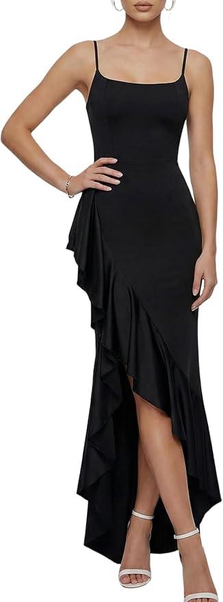 Women’s Elegant Ruched Maxi Dress – Spaghetti Strap Bodycon Party Dress with Slit & Open Back XS