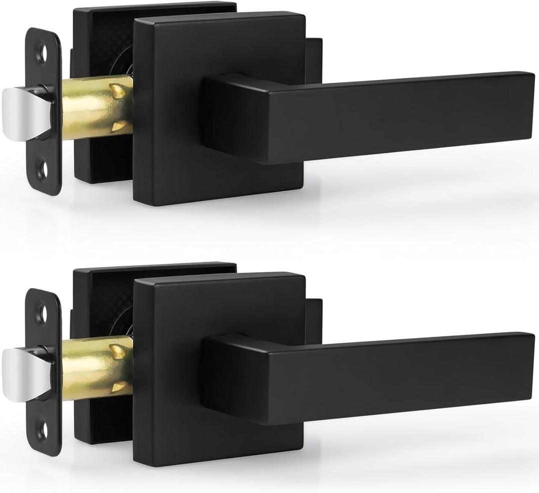 Estmoon 2 Pack Passage Door Levers, Matte Black Door Knobs Interior Square Door Handles, Heavy Duty Non-Locking Leversets Hall Closet Handles, Reversible for Right & Left Sided Doors