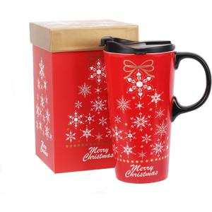 Topadorn Christmas Ceramic Mug Coffee Cup with Sealed Lid and Matched Gift Box Latte Mug 17oz(Snowflake)