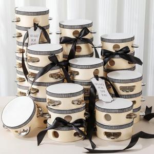 36 Set 4 Inch Wedding Tambourines Bulk for Adults Wooden Hand Held Drum with Metal Jingles, Gift Tags, White Tambourine Gift Musical Instrument for Church Wedding Party Favor(Black Style)