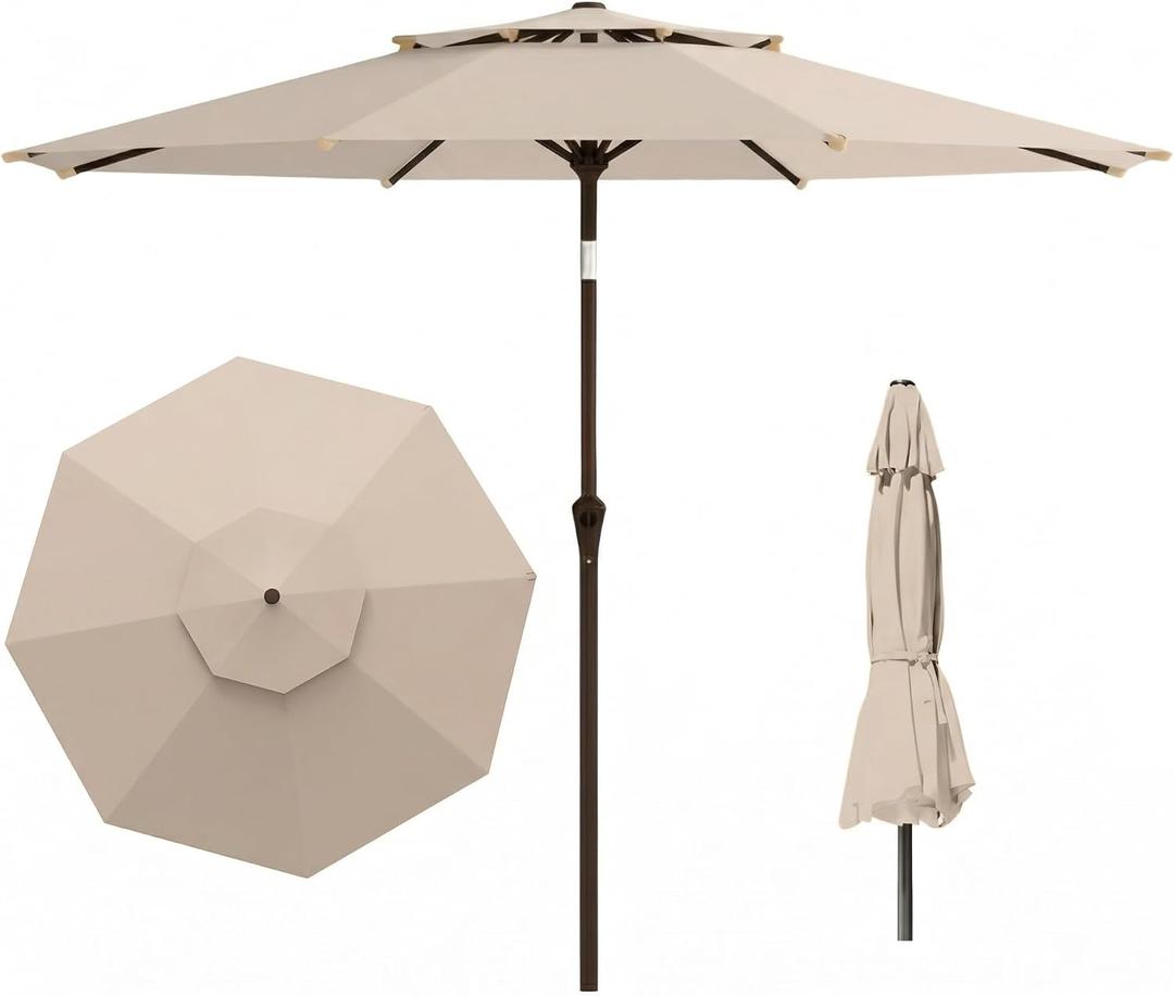 10FT Outdoor Patio Umbrella, 2 Tiers Market Table Umbrella with 8 Sturdy Ribs, Push Button Tilt and Crank, UPF50+ UV Protection for Deck, Pool, Garden and Backyard