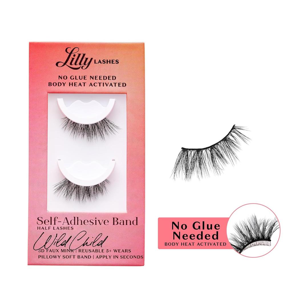 Lilly Lashes Self Adhesive Eyelashes (Half Lashes), No Lash Glue Needed, Body Heat Activated Press on Lashes, Reusable Self Adhesive Eyelashes Up to 5x, Easy to Apply & Remove (WildChild)