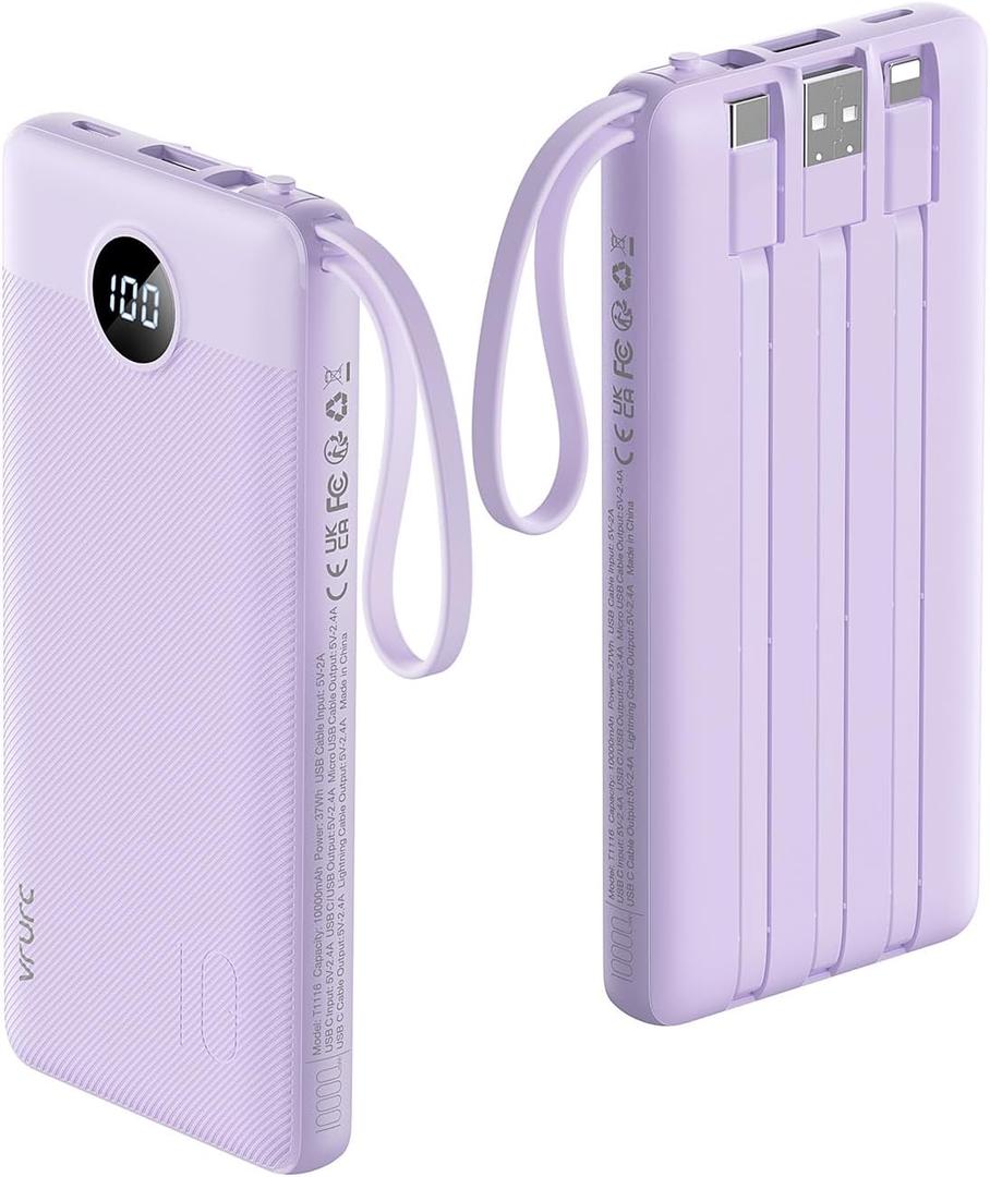 VRURC Portable Charger Power Bank, 10000mAh Travel Essentials Battery Pack, 5 Outputs 2 Inputs Slim Charging Bank Built-in Cables Cords Wires Compatible with iPhone, Samsung, Android-Lavender (1 Pack)