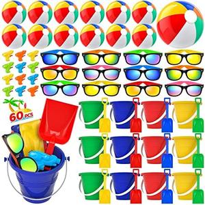 Pool Party Favors Beach Party Favors - 60 PCS Pool Toys For Kids Ages 3-8 Beach Balls Bulk, Sand Bucket and Shovels Set, Kids Sunglasses Bulk, Beach Summer Toys, Pool Party Supplies,Sand Toys
