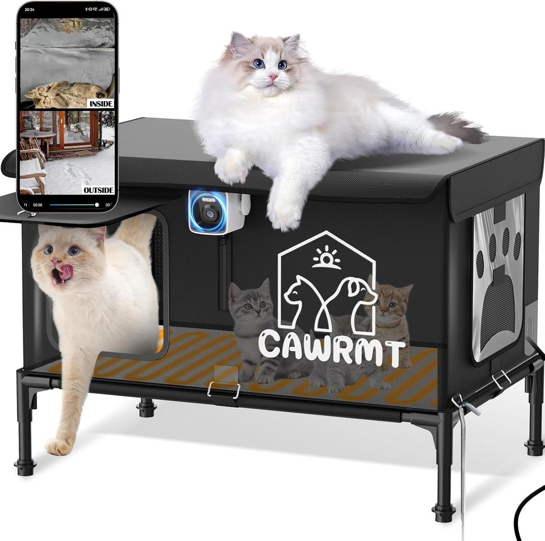 Heated Cat House with Camera, Outdoor Cats in Winter, Waterproof, Fully Insulated, Outside Feral Cat Shelter Weatherproof for Stray Barn Cat (Black, Large)