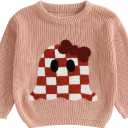 Kids Toddler Halloween Sweater Boys Girls Pumpkin/Ghost Embroidery Long Sleeve Knit Sweater Pullover Sweatshirt Top (3-4T, Pink Plaid)