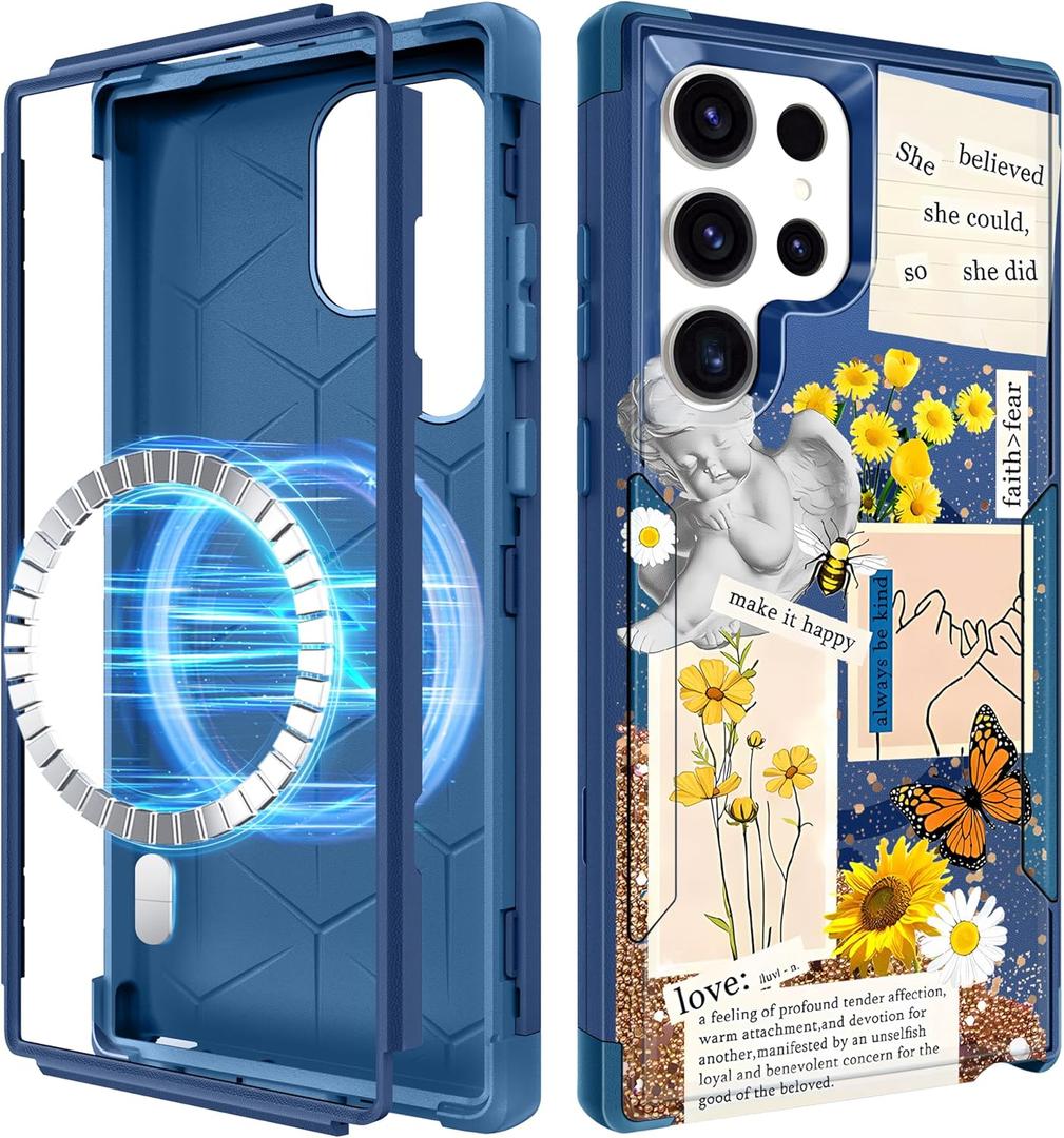 for Samsung Galaxy S24 Ultra Case - [Compatible with MagSafe] Women Cute Girls Magnetic Protective Phone Cover Blue Design Aesthetic Heavy Duty Shockproof Funda para Samsung S24 Ultra Cases (QBT)