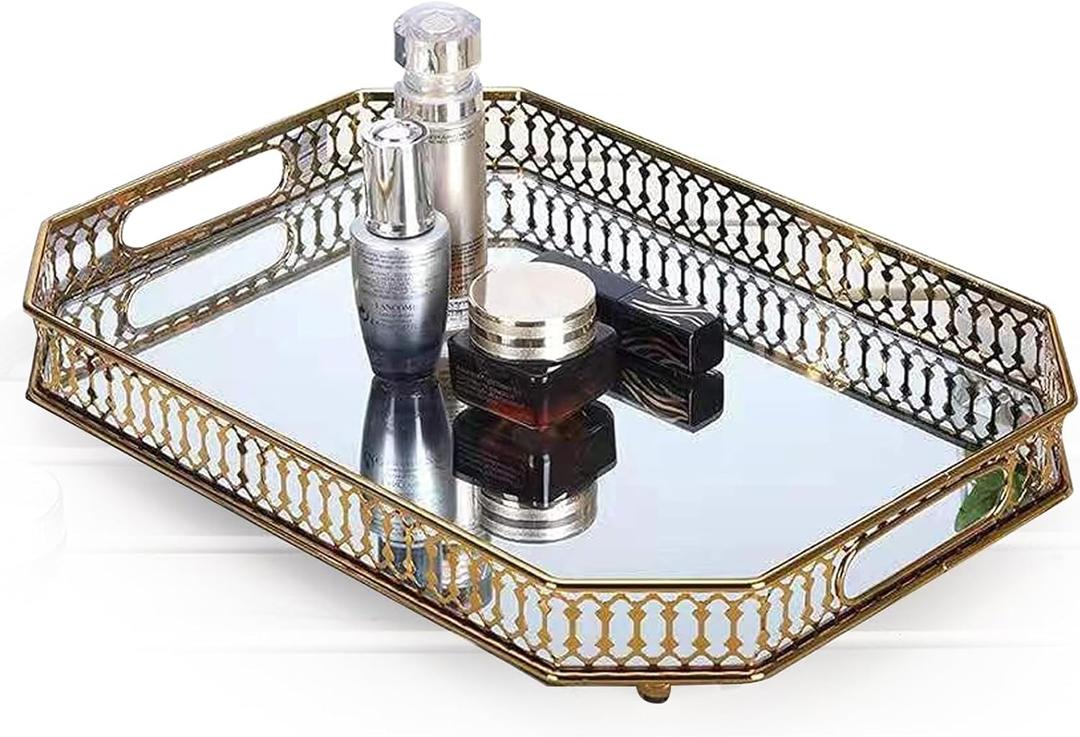 Vintage Gold Mirrored Vanity Tray  Decorative Perfume and Makeup Organizer with Handles for Dresser, Bathroom or Jewelry Display, Large Size 13.8" X 9.6" X2.2" Vintage Gold Mirrored Vanity Tray  Decorative Perfume and Makeup Organizer with Handles for Dresser, Bathroom or Jewelry Display, Large Size 13.8" X 9.6" X2.2"