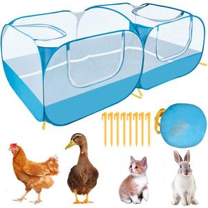 Lukovee Small Animals Playpen, Chicken Pen with Escape-Proof Detachable Bottom & 4 Zipper Doors, Breathable Foldable Portable Large Chicken Run Coop for Puppy Duck Kitten Rabbits Outdoor Yard (Blue) (Blue - with Escape-proof Bottom)
