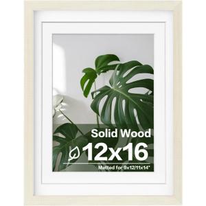 Egofine 12x16 Picture Frame Made of Solid Wood with Plexiglass, Display Pictures 9x12/11x14 with Mat or 12x16 Without Mat for Wall Mounting, Beige