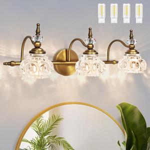 Montex Brass Bathroom Light Fixtures, Gold Vanity Light Vintage, Bathroom Vanity Light Fixtures, Wall Sconces Lighting for Bedroom, Living Room, Hallway, 3 Lights (Large)