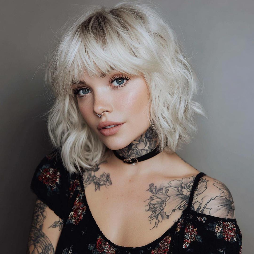 Short Ombre Blonde Bob Wigs for Women Wavy Blonde Wig with Bangs Ash Blond Wig Synthetic Hair Water Wave Medium Length Colorful Wigs14 Inches