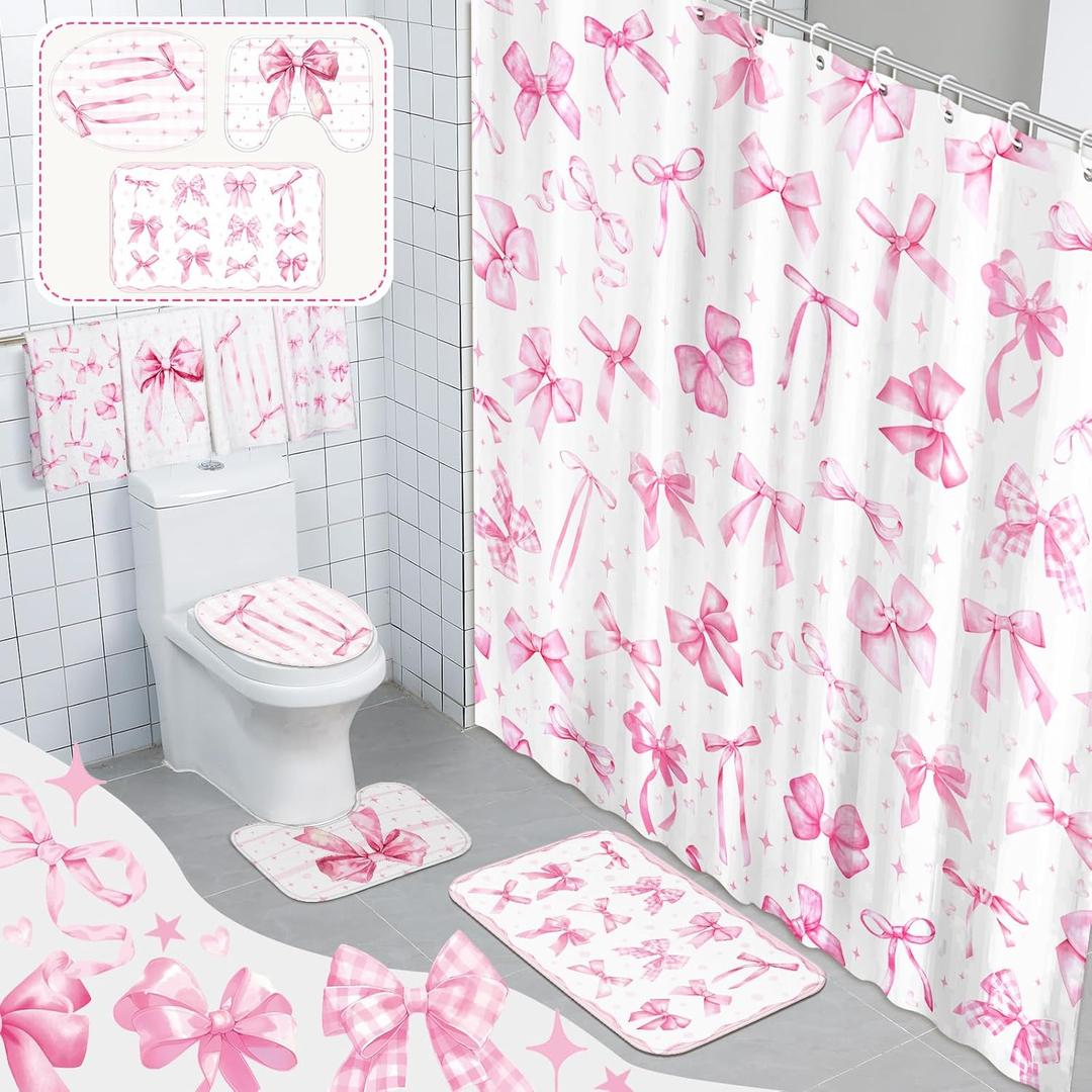 FuWeave 8 Pcs Pink Bow Shower Curtain Sets for Bathroom Decor Cute Coquette Bathroom Accessories Bow Knot Aesthetic Girly Shower Curtain Sets with Towels Carpet Bath Mat Toilet Rugs and 12 Hooks