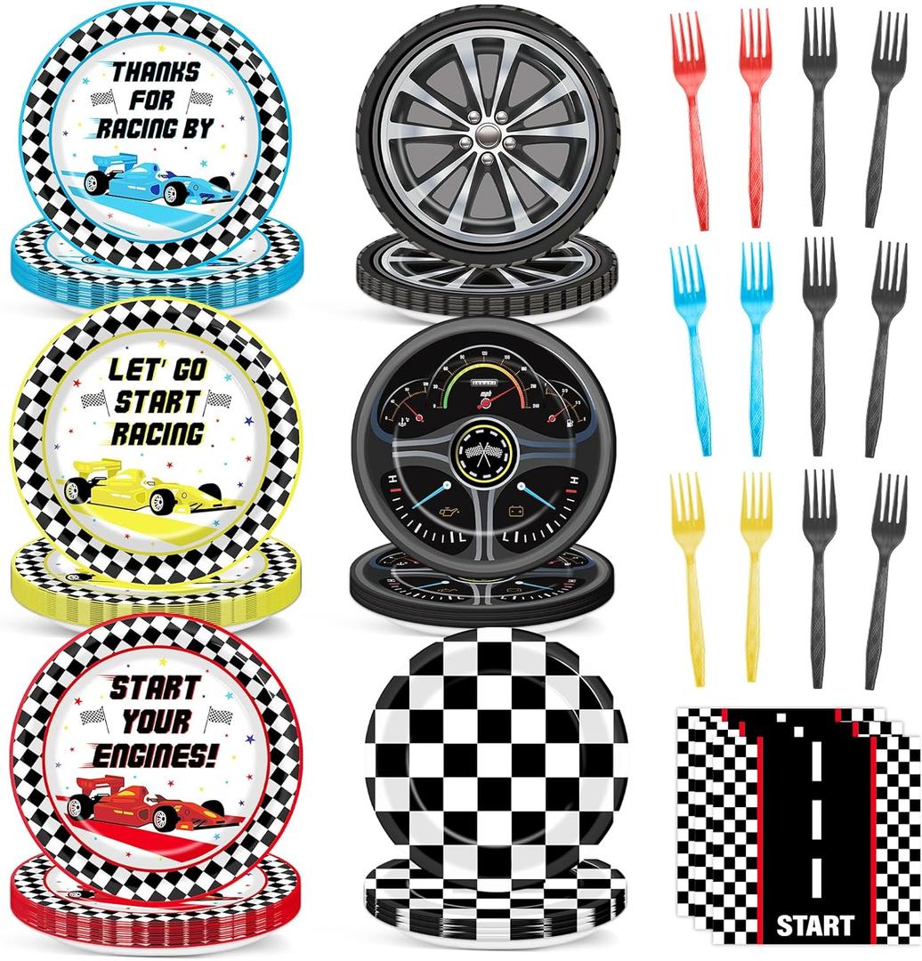 96Pcs Racing Car Birthday Party Plates and Napkins for Checked Race Car Party Decorations Start Your Engines Theme Paper Plates Tableware for Kids Serves 24 Racing Car Birthday Party Supplies Favors