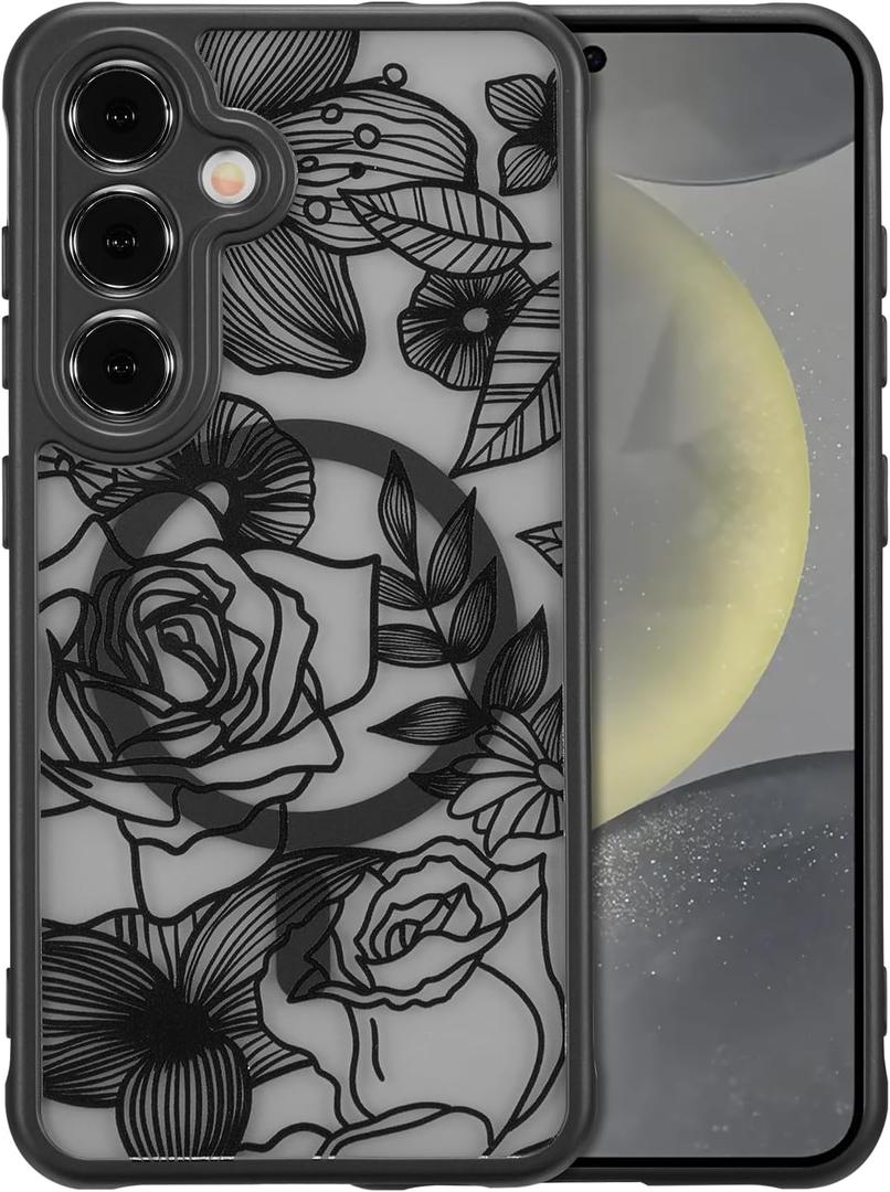 XIZYO Magnetic Case for Samsung Galaxy S24 Floral Rose Cute [Compatible with Magsafe] for Women Girls Aesthetic Pattern Slim TPU Shockproof Bumper Cover, Black