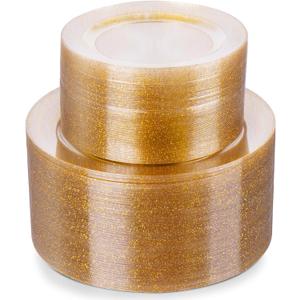 Goodluck 200PCS Gold Glitter Plastic Plates, Heavy Duty Disposable Gold Glitter Plates with 100 10.25 inch Dinner Plates, 100 7.5 inch Dessert Plates, Disposable Plates for Party, Wedding