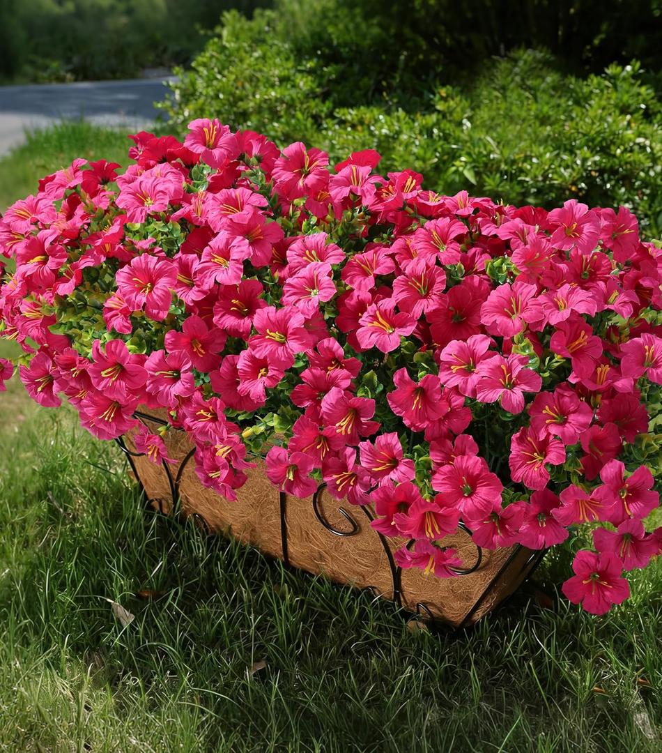 Artificial Flowers for Outdoors Fake Plants Outside Decoration, 20 Bundles Fuchsia Silk Petunia with Eucalyptus UV Resistant Realistic Faux Flowers for Outdoor Planters Garden Balcony Yard Porch Patio