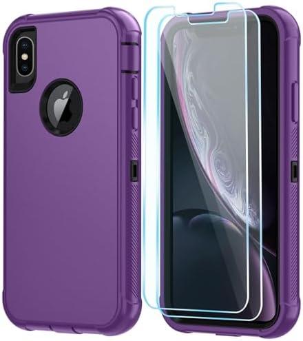 SunStory Compatible with iPhone Xs/X Case with HD Screen Protector, 3-Layer Heavy Duty Full-Body Cover,3 in 1 Hybrid Protective Case for iPhone Xs/X 5.8",Purple