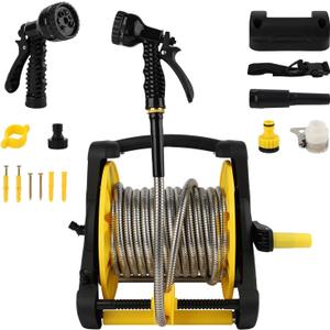 Retractable Garden Hose Reel, Heavy Duty Stainless Steel Water Hose,Male to Female Fittings, Easy to Use and Store, Strong and Sturdy, Suitable for Yard and Lawn (50FT)