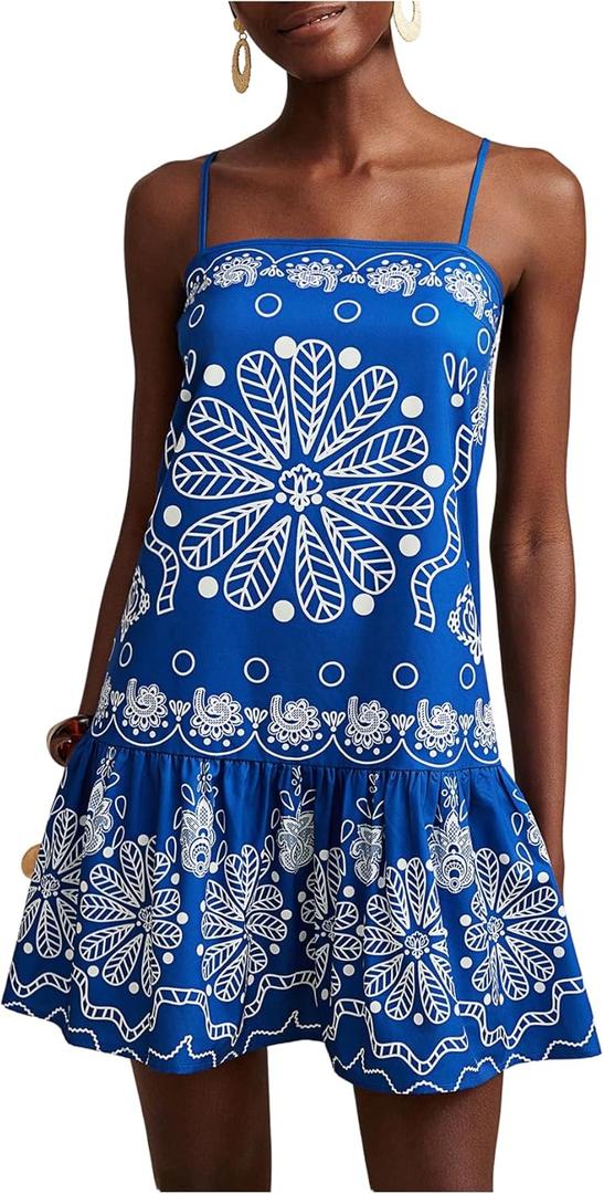 Women's Floral Boho Flowy Mini Cami Dress Ruffle Hem Spaghetti Strap Vacation Tank Dresses (Large, Blue and White)