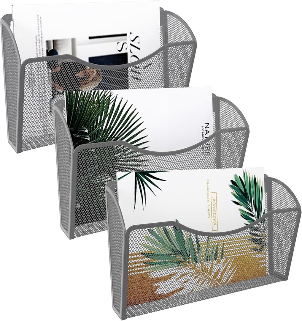 EasyPAG 3 Pack Wall File Organizer, Metal Mesh Hanging File Folder Holder for Letter/A4 Size Folders, Vertical Wall Mount Mail Sorter for Office Paperwork, Classroom, Silver