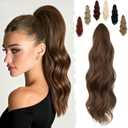 FELENDY 16" Ponytail Extension Long Curly Wavy Ponytails Clip in Claw Hair Extension Pony Tails Natural Looking Synthetic Hairpiece for Women Light Brown