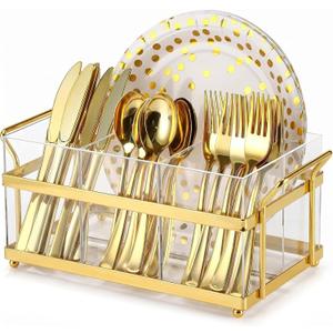 Havawish Acrylic Silverware Caddy Metal Utensil Holder for Party 4 Divided Sections Kitchen Countertop Cutlery Organizer for Spoon Fork Paper Plates Napkins Cups, Camping Picnic Buffet Party Essential