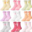 Baby Girls Toddlers Ruffle Grip Socks for Kids Non Slip Anti Skid Frilly Cute Funny Cotton Crew Grippers Socks 9 Pairs (3-5T, Heart)