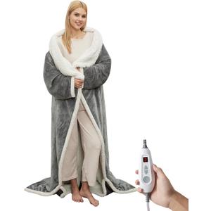 GarveeHome Wearable Heated Blanket with Foot Pocket, Electric Snuggle Blanket with Sleeves,6 Heating Levels & 2/4/8/10H Time Settings, Machine Washable, Gift for Family & Friends,50 * 70"+18", Dark Gray