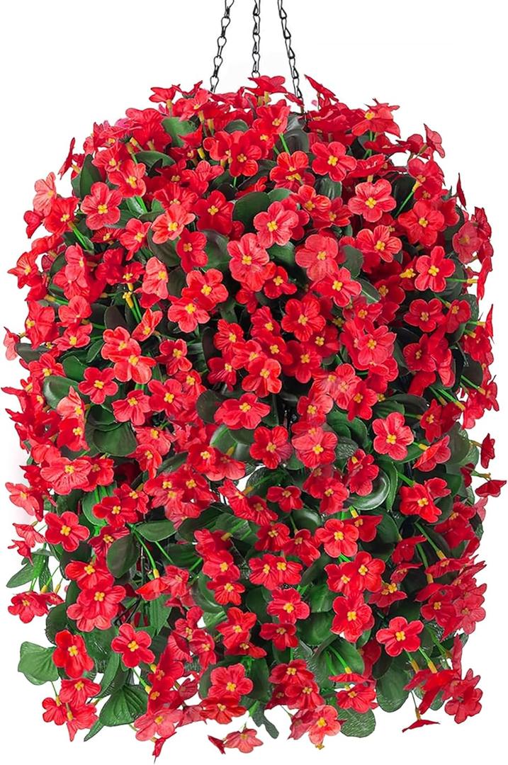 Artificial Fake Red Hanging Flowers Plants Basket for Outdoor Outside Winter Christmas Decor, Faux Silk Look Real UV Resistant Orchid for Fall Porch Garden Yard Patio Home