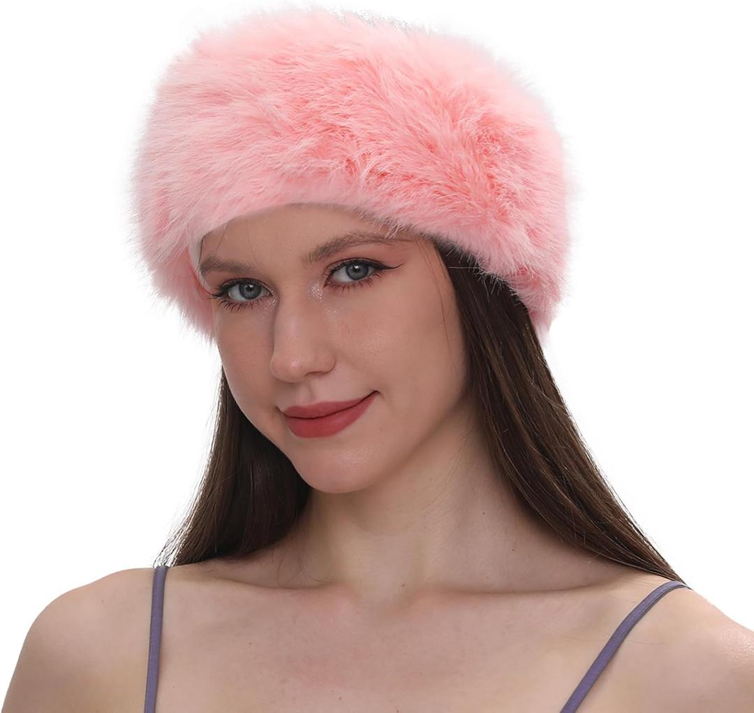 Womens Faux Fur Headband with Elastic Band Ear Warmer Earmuff for Cold Weather Furry Costume (Pink)