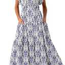 BLENCOT Womens Maxi Summer Casual Dresses Cap Short Sleeve V Neck Beach Flowy Fashion Boho Floral Printed Tie Dresses with Pockets P520 M