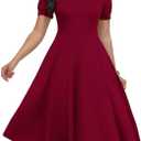 Womens Short Puff Sleeve V Neck Casual Semi-Formal Cocktail Party A-Line Dress (Medium, 017-burgundy)