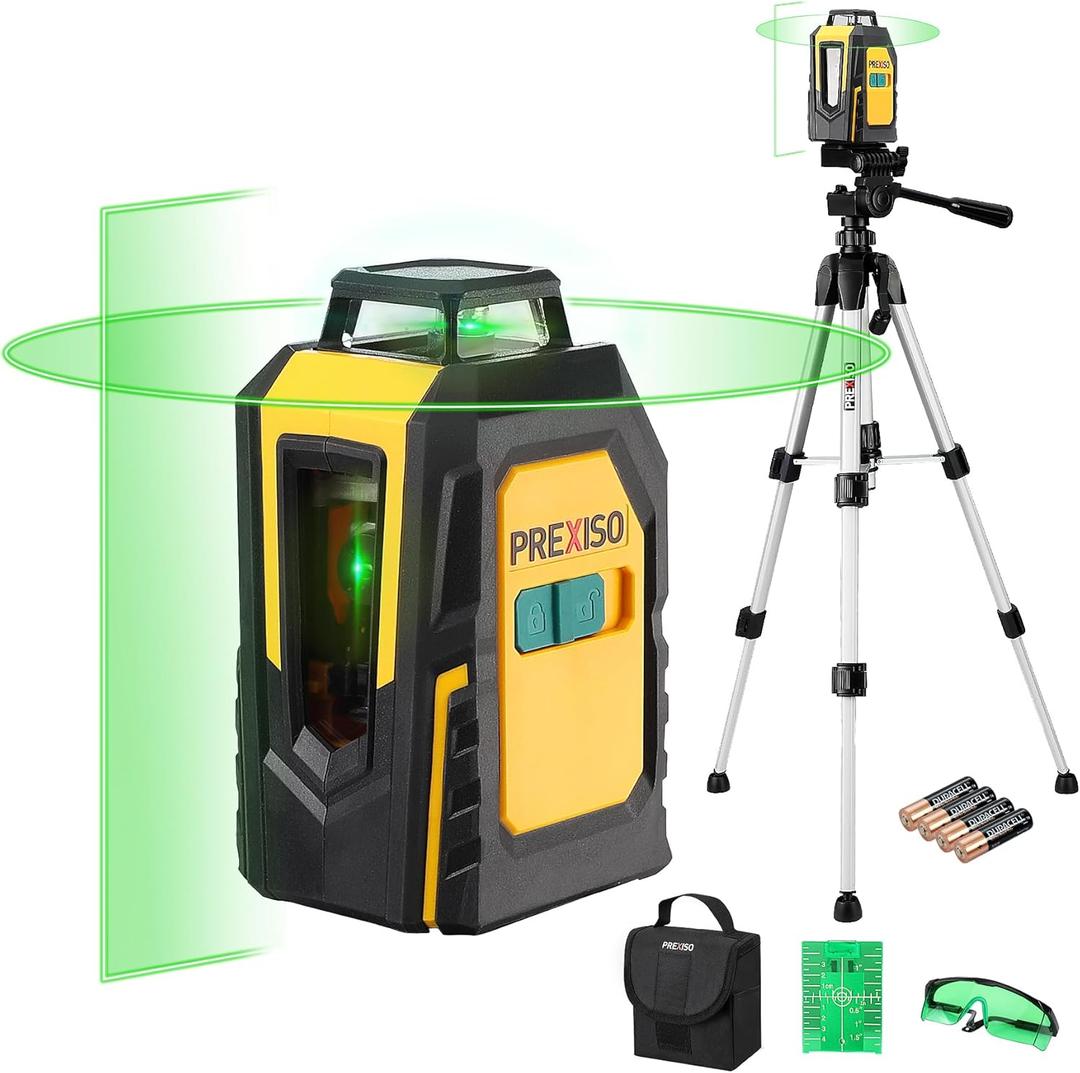 PREXISO 360 Laser Level with Tripod, 100Ft Self Leveling Cross Line Laser- Green Horizontal Line for Construction, Floor Tile, Renovation with Target Plate, Green Glasses, Carry Bag, 4 AA Batteries
