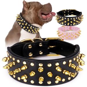 Wide Gold Spiked Dog Collar, Epesiri Dog Chain Collars, Mushroom Rivet PU Leather Dog Collars, Adjustable Durable Spike Studded Pet Collar for Pitbull Mastiff Bulldog Pugs Husky Rottweiler
