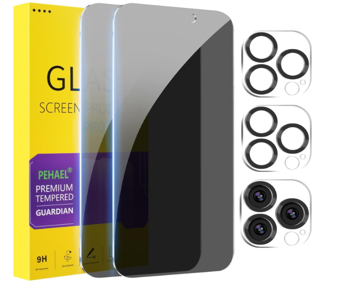 PEHAEL 2+2 Pack for iPhone 15 Pro Max Privacy Screen Protector with Camera Lens Protector Full Coverage AntiSpy Tempered Glass Film 9H Hardness Easy Installation Bubble Free [6.7 inch]