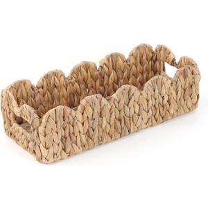 Wicker Scalloped Storage Basket Boho Bathroom Decor Baskets for Shelves, Countertop, Toilet Tank, Rectangular Basket with Handle Farmhouse Home Organizer (Natural, 15.7"D x 6.6"W x 4.3"H)