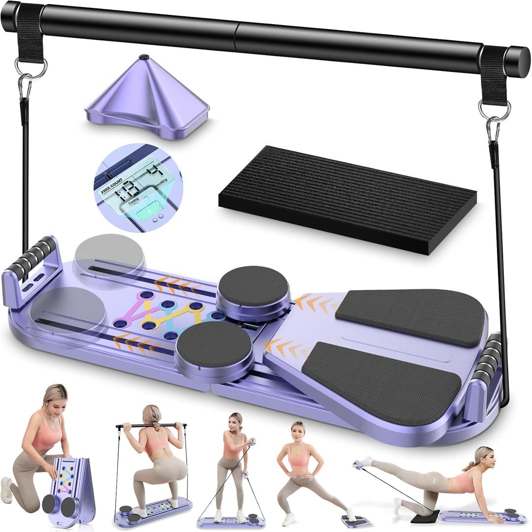 Pilates Board, Pilates Reformer Sets, 15 in 1 Multifunctional Pilates Board for Women, Portable and Foldable Pilates Reformers Machine with Digital Display (Purple)