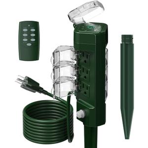 TESSAN Outdoor Power Stake Light Timer Waterproof, Wireless Remote Control, Yard Stake Countdown Timer2, 4, 6, 8 Hour, 6 Outlets, Dusk to Dawn for Lights and Garden Courtyard Decoration