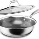 COOKER KING 10-Inch Hybrid Stainless Steel Wok with Lid, Nonstick Stir Fry Pan & Deep Frying Pan, Tri-Ply Clad Honeycomb Everyday Pan, Induction Ready, Oven & Dishwasher Safe, PFOA Free