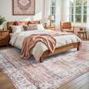 DEXI Area Rugs for Living Room, 4x6 Washable Low Pile Vintage Traditional Rug for Bedroom, Non Slip Indoor Carpet for Dining Office Nursery, Pink White