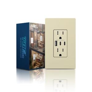 TOPELER Ivory USB Wall Outlet, 30W 6.0A 3 Ports USB Outlet Receptacles with Type A & C Port, 15 Amp Tamper-Resistant Electrical Outlet, Screwless Wall Plate Included, ETL&FCC Listed