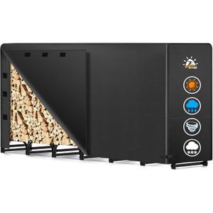 8ft Firewood Log Rack - Outdoor Wood Stand Holder, Heavy Duty Metal Fire Wood Pile Organizer with Cover for Fireplace Storage (96 x 14 x 48 Inch) (Black)