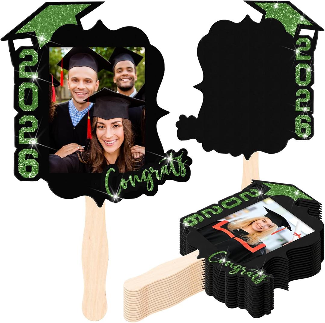 24 Pcs Custom Graduation Cutout Face Fans with Handle Double Sided Grad Party Supplies Class of 2026 Grad Photo Props Blank DIY Photo Frame for Graduation Party Souvenirs(Green)