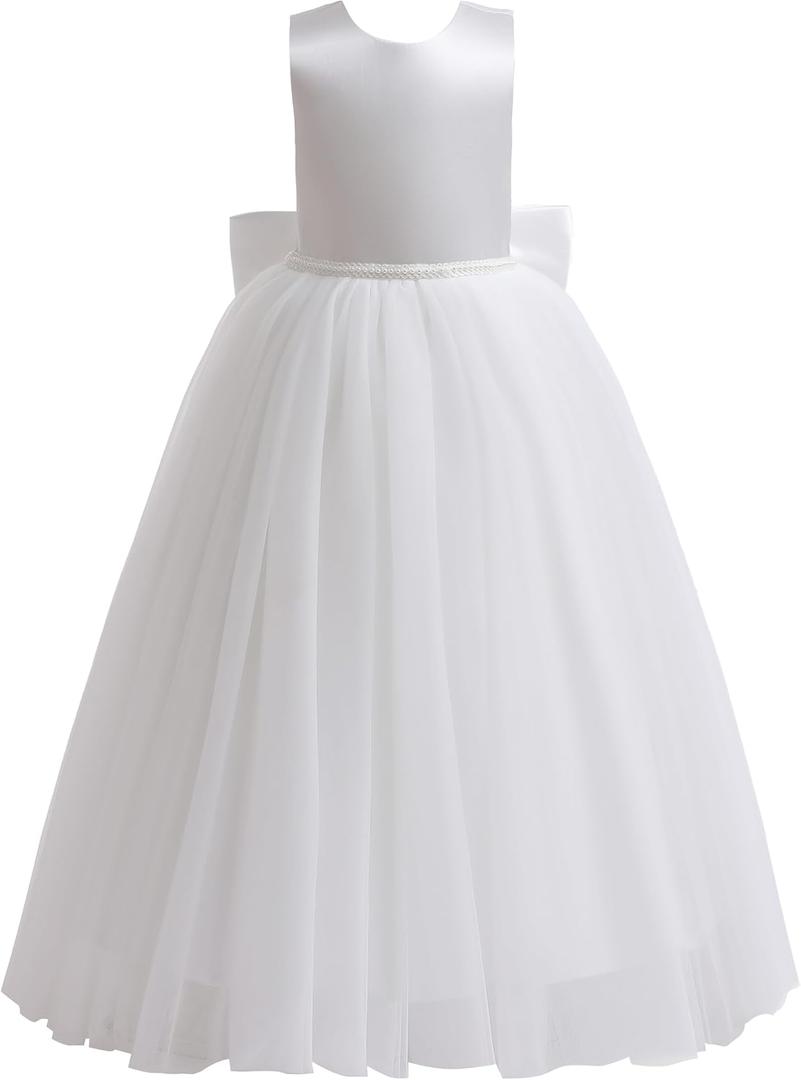 Glamulice Flower Girls Satin Bridesmaid Dress V Open Back Long A Line Wedding Pageant Dresses Princess Party Ball Gown, 6 Years
