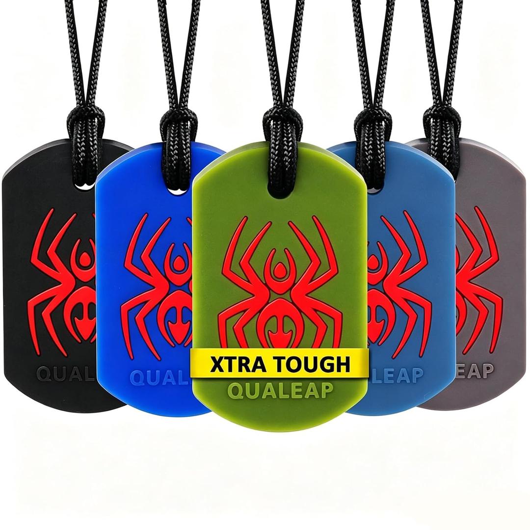 Xtra Tough Spider Sensory Chew Necklace for Kids (5 Pack) - Chewing Necklace Teething Teether Necklace Chew Toys - Designed for Chewing, Autism Sensory Teether Toy (Moderate & Aggressive Chewer)