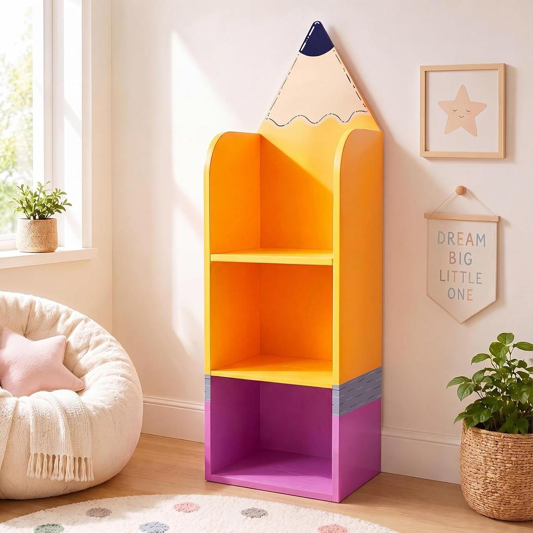 Lounsweer Pencil Classroom Bookshelf Reading Corner 3 Tier Bookcase Storage Shelf for Classroom with Pencil Top Stickers for Nursery Preschool Daycare Furniture Back to School Decor