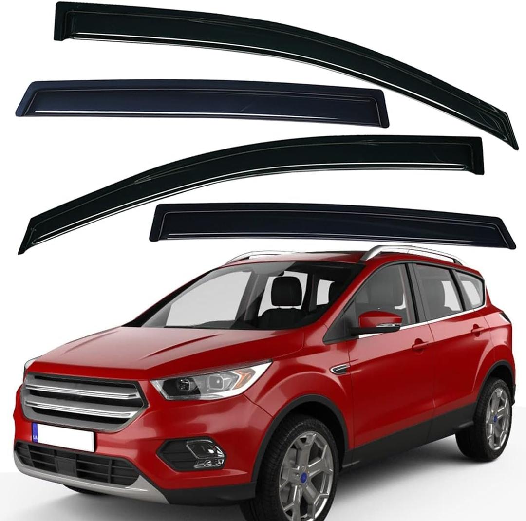 Lightronic Extra Durable Outside-Mount Auto Vent Window Visor, Fits 2013-2019 Ford Escape, UV Protection Rain Guard, Original Wind Deflector, No-Drill Easy Install, Dark Smoke, 4-Pcs
